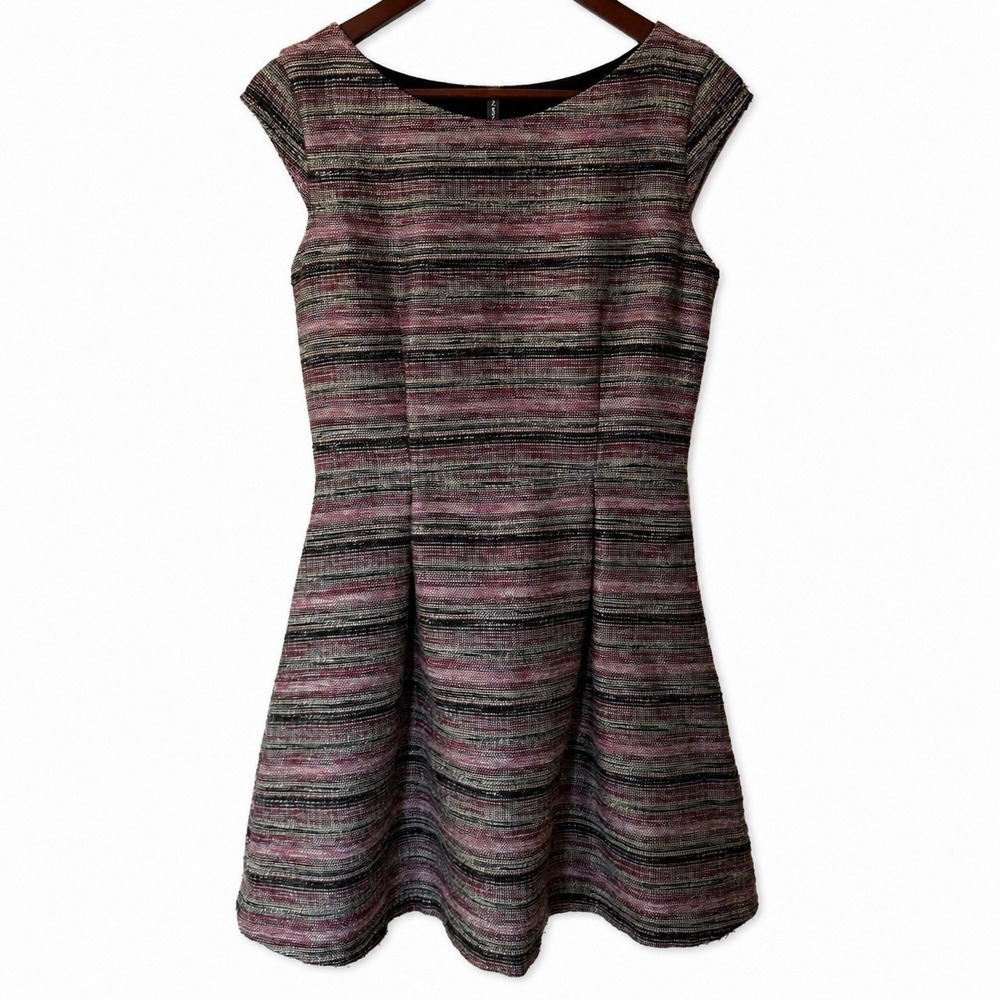 Naf Naf Tweed Dress Fit Flare A Line Pink Black Metallic Striped Cap Sleeve S